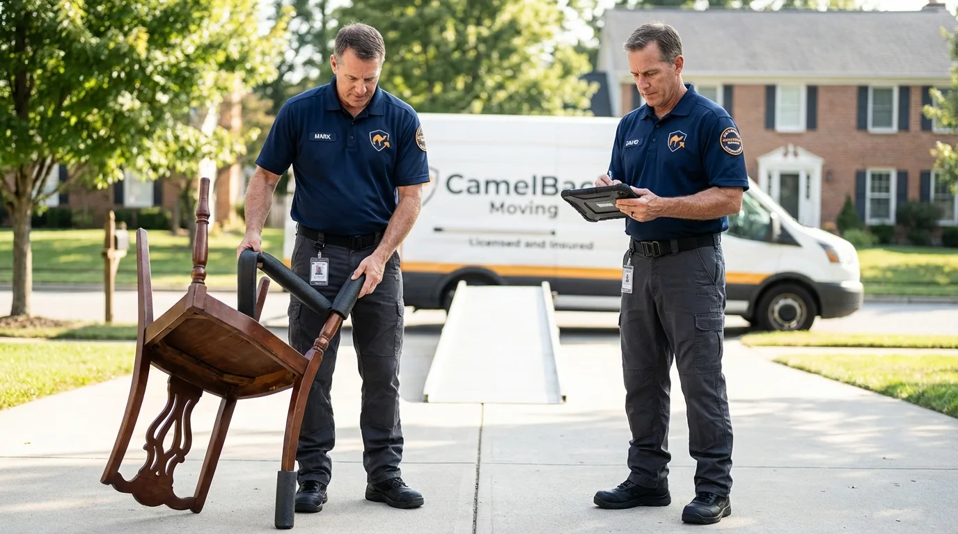 Movers inspecting furniture for damage prevention before loading in Rainsville, AL