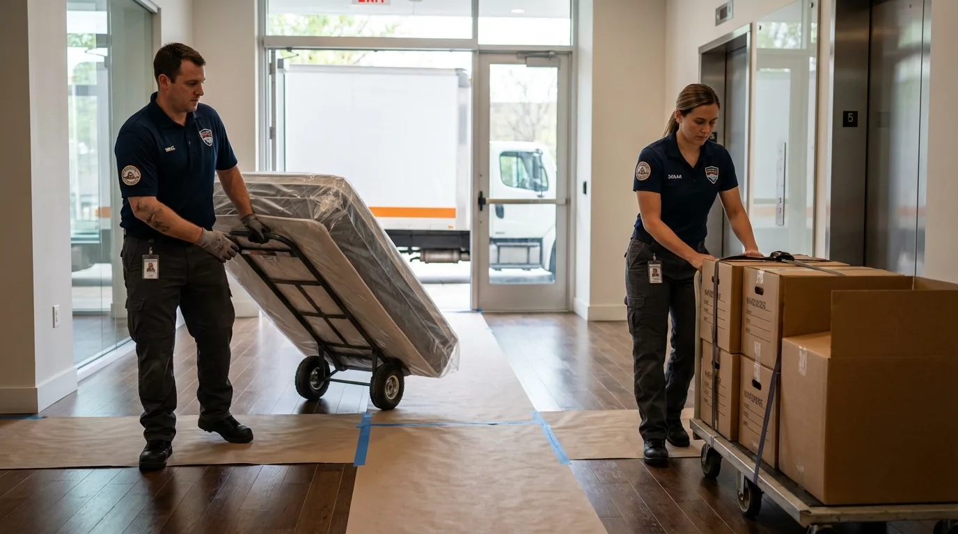 Professional apartment movers loading elevator in Rainsville, AL
