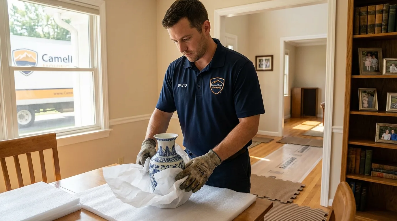 Professional crew carefully wrapping antique vase for senior downsizing move in Rainsville, AL
